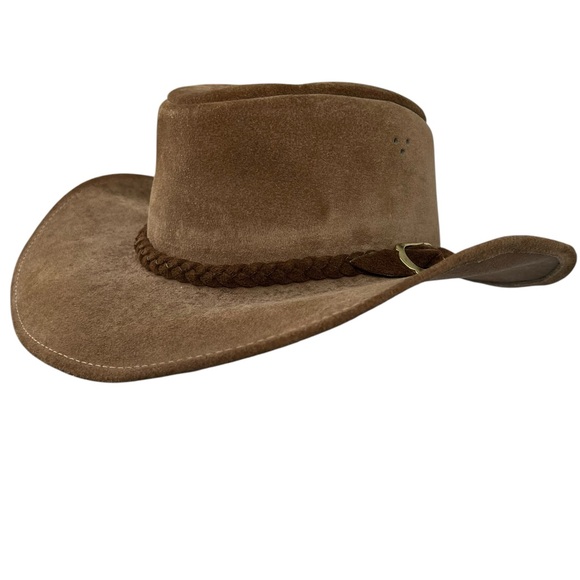 Dinkum Accessories - Dinkum Light Brown Suede Leather Braided Hat Band with Buckle Unisex Size Medium